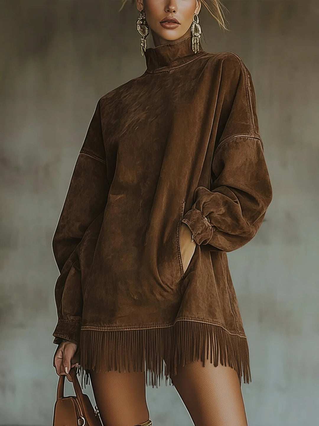 Rosenthea™ Elegant Synthetic Suede Dress with High Collar and Fringes