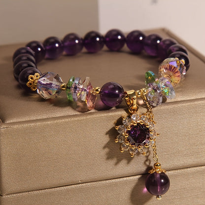 Winter | Purple Beaded Bracelet with Shiny Crystal Pendant