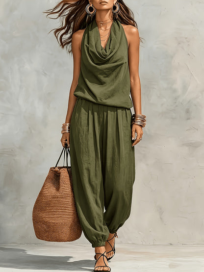 Allegra | Halter Neck Top and Wide Leg Pant Set with Linen Texture