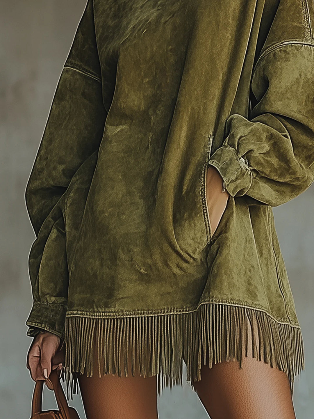 Rosenthea™ Elegant Synthetic Suede Dress with High Collar and Fringes