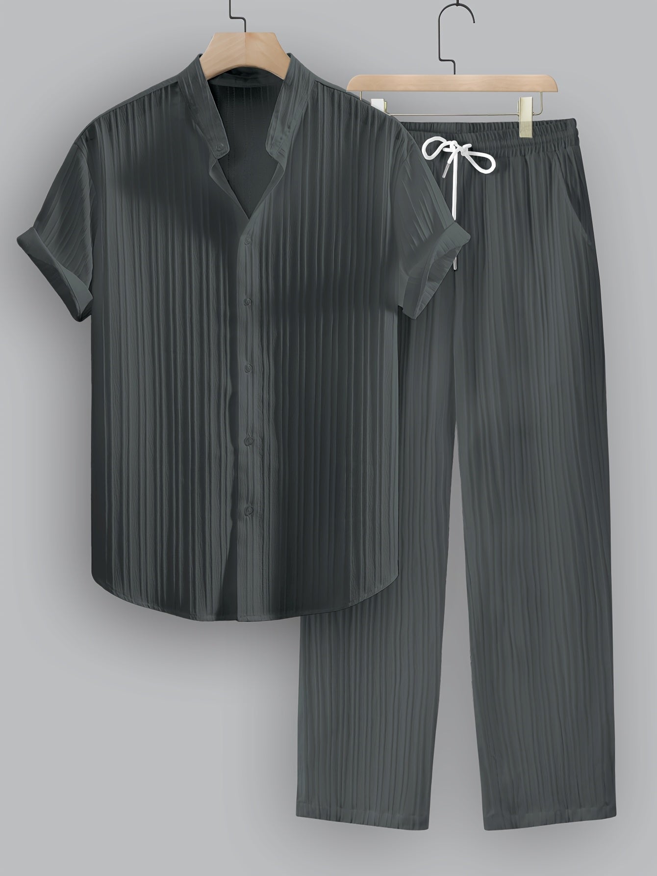 Kavaroq™ Men's Summer Set with Mao Collar Shirt and Drawstring Pants
