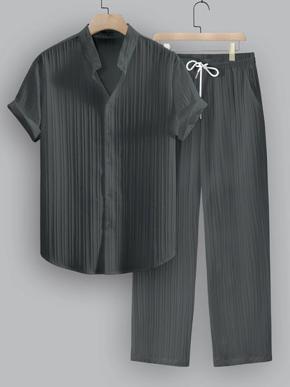 Kavaroq™ Men's Summer Set with Mao Collar Shirt and Drawstring Pants