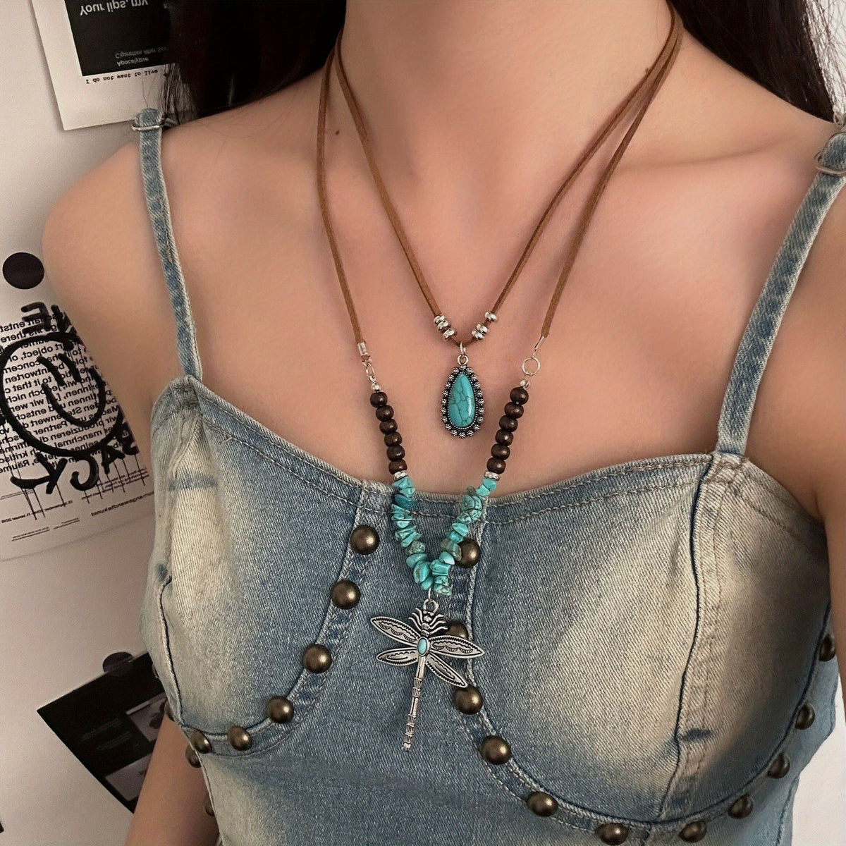 Ottiliea | Set of 2 Necklaces with Dragonfly, Irregular Stones and Bohemian Style Beads