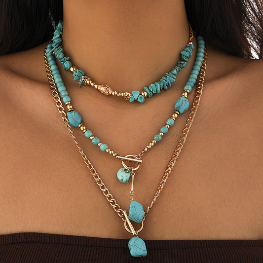 Evelise | A set of three stacked bohemian turquoise bead necklaces for women