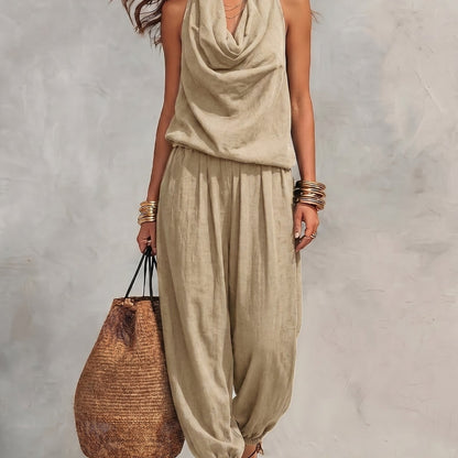 Allegra | Halter Neck Top and Wide Leg Pant Set with Linen Texture