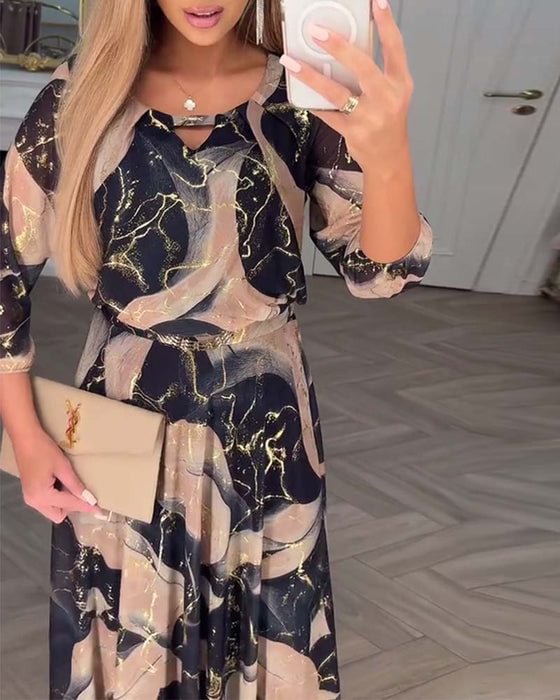Wynoria™ Elegant Maxi Dress with Gold Marble Print