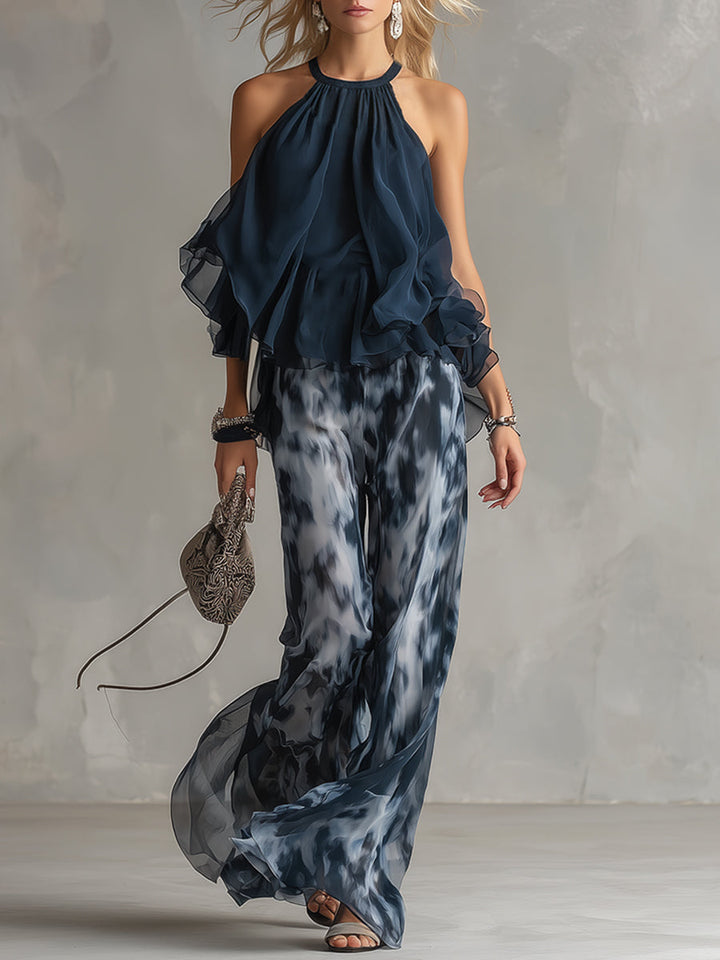 Isolde™ elegant chiffon set with high-neck top and printed wide-leg pants