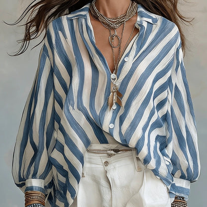 Rosetta | Women's Retro Striped Long Sleeve Shirt, Loose Vacation Style, Casual Beach Top