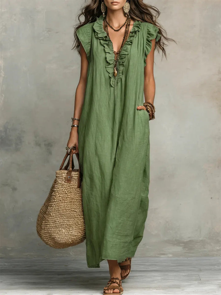 Hadira™ Casual Cotton and Linen Dress with Ruffles and Artistic Style