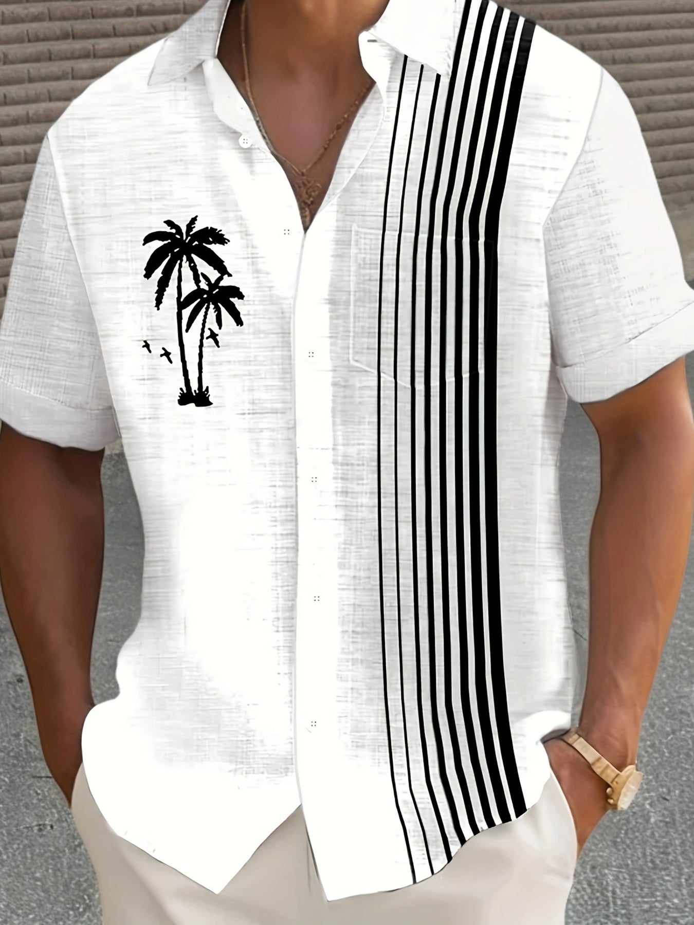 Javroni™ Men's Tropical Shirt with Palm and Stripe Print