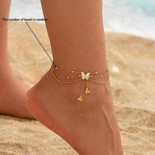 Brianna | Bohemian Three-Layer Ankle Bracelet with Charms and White Beads