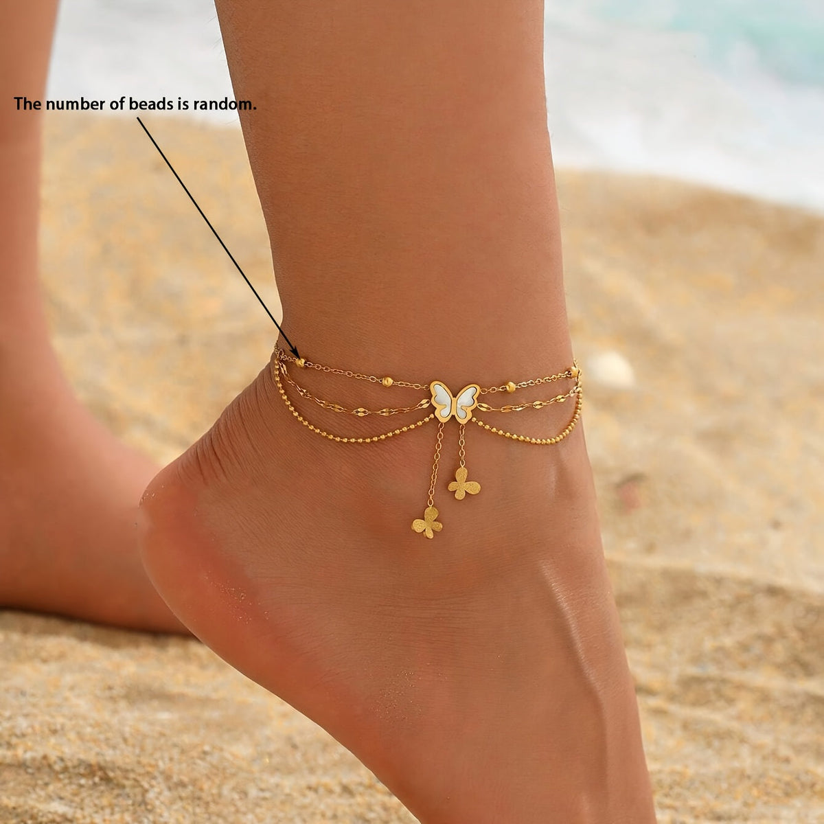Brianna | Bohemian Three-Layer Ankle Bracelet with Charms and White Beads