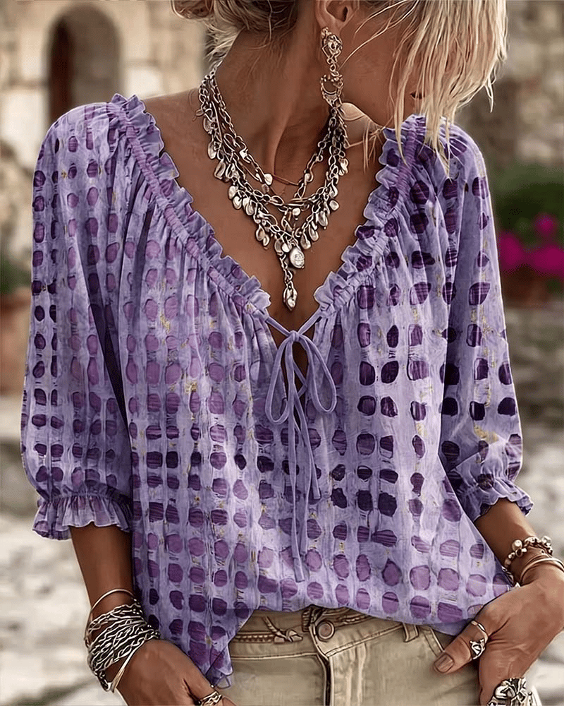 Paige | Polka Dot Blouse with Adjustable V-Neck and 3/4 Sleeves