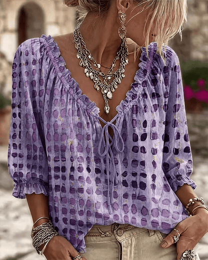 Paige | Polka Dot Blouse with Adjustable V-Neck and 3/4 Sleeves