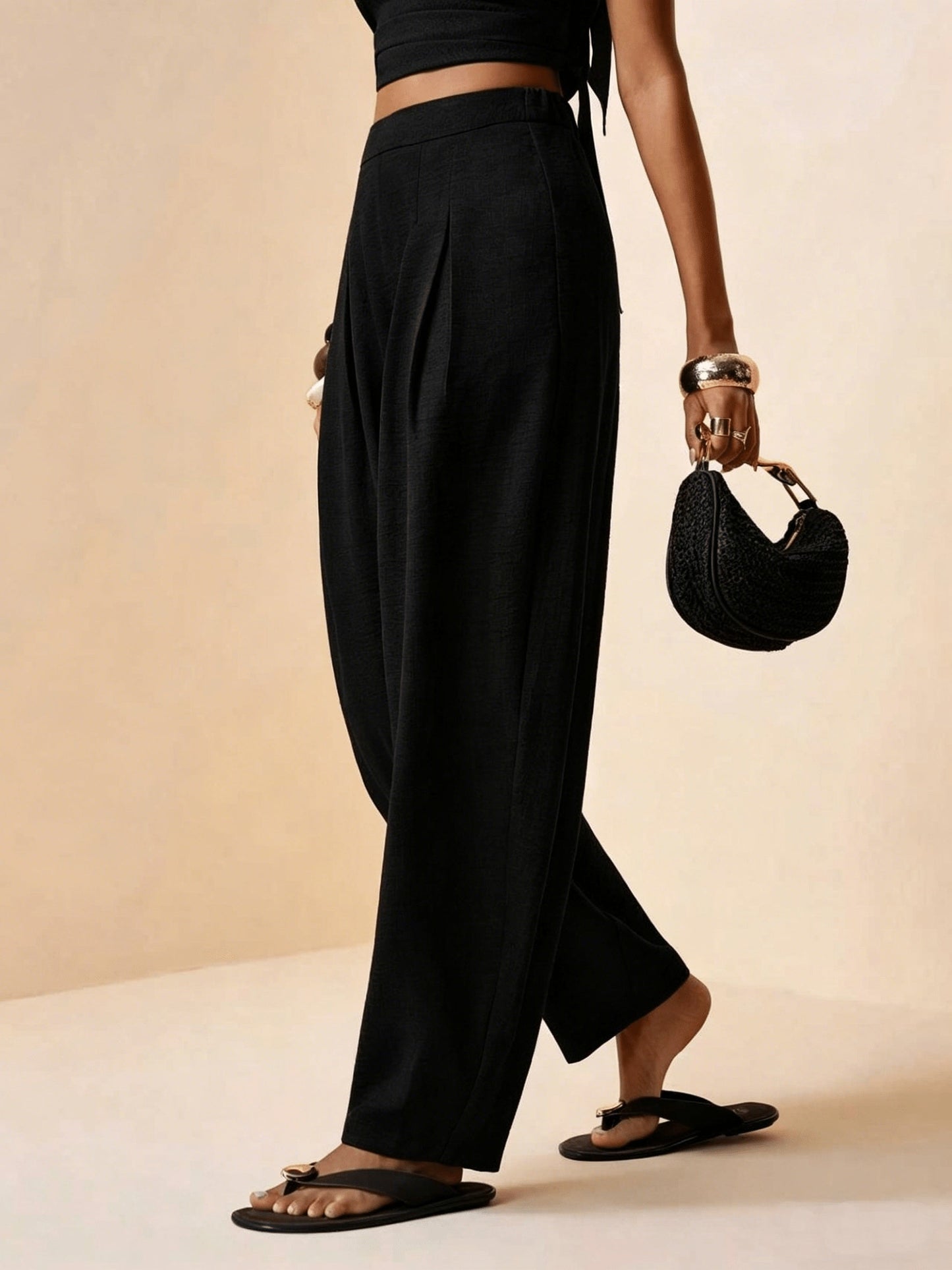 Droveaux | Elegant Straight Leg Pants with Elastic Waist and Pleats
