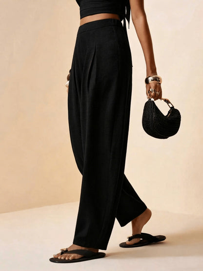 Droveaux | Elegant Straight Leg Pants with Elastic Waist and Pleats