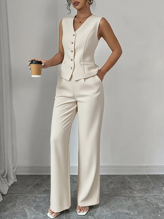 Malia™ Elegant Vest with V-Neck and Straight Pants Set
