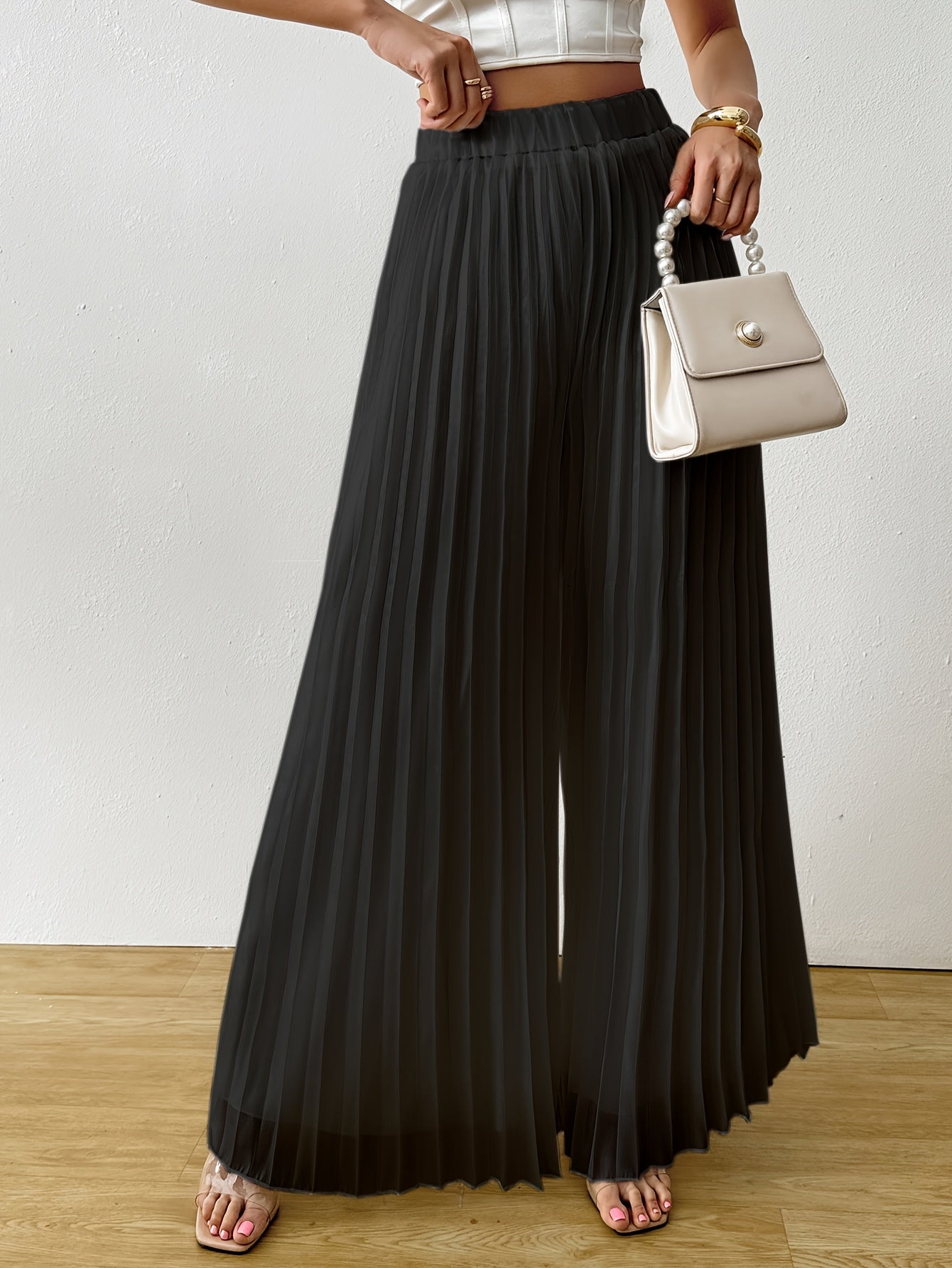 Uliquin | Wide Leg Pleated Trousers with Elastic Waist and Elegant Fall
