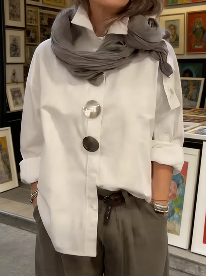Davinae | Elegant cotton and linen blouse with collar and metallic buttons