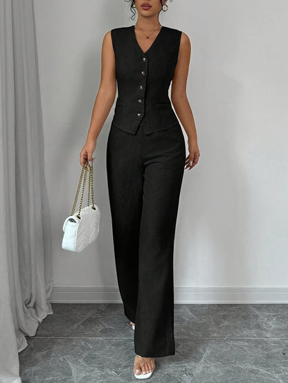 Malia™ Elegant Vest with V-Neck and Straight Pants Set