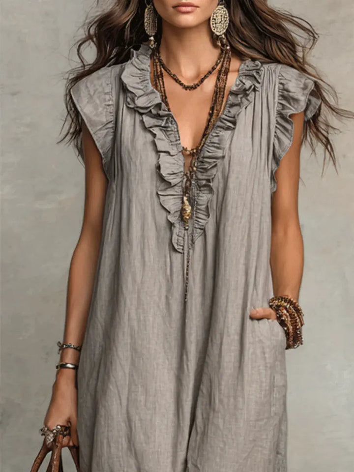 Hadira™ Casual Cotton and Linen Dress with Ruffles and Artistic Style
