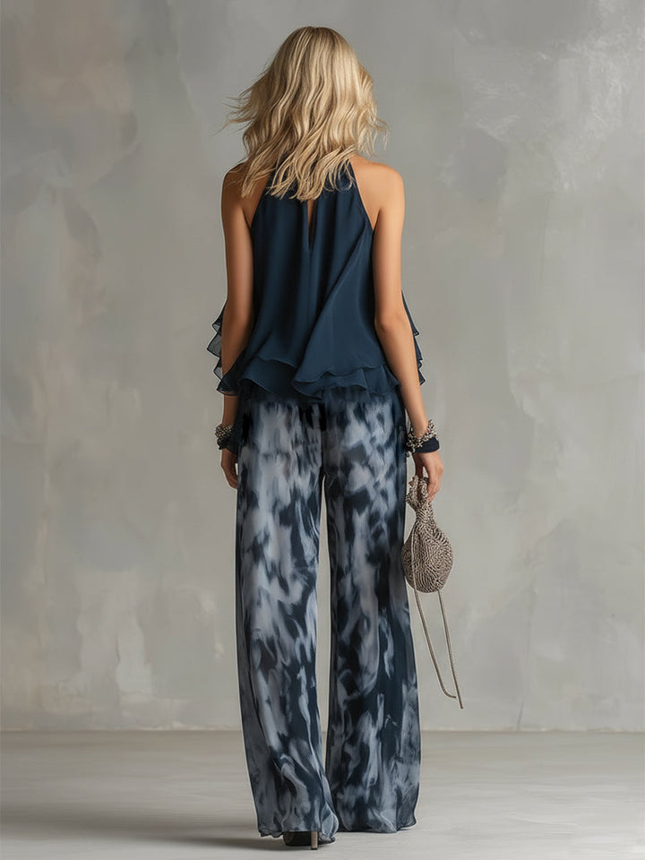 Isolde™ elegant chiffon set with high-neck top and printed wide-leg pants