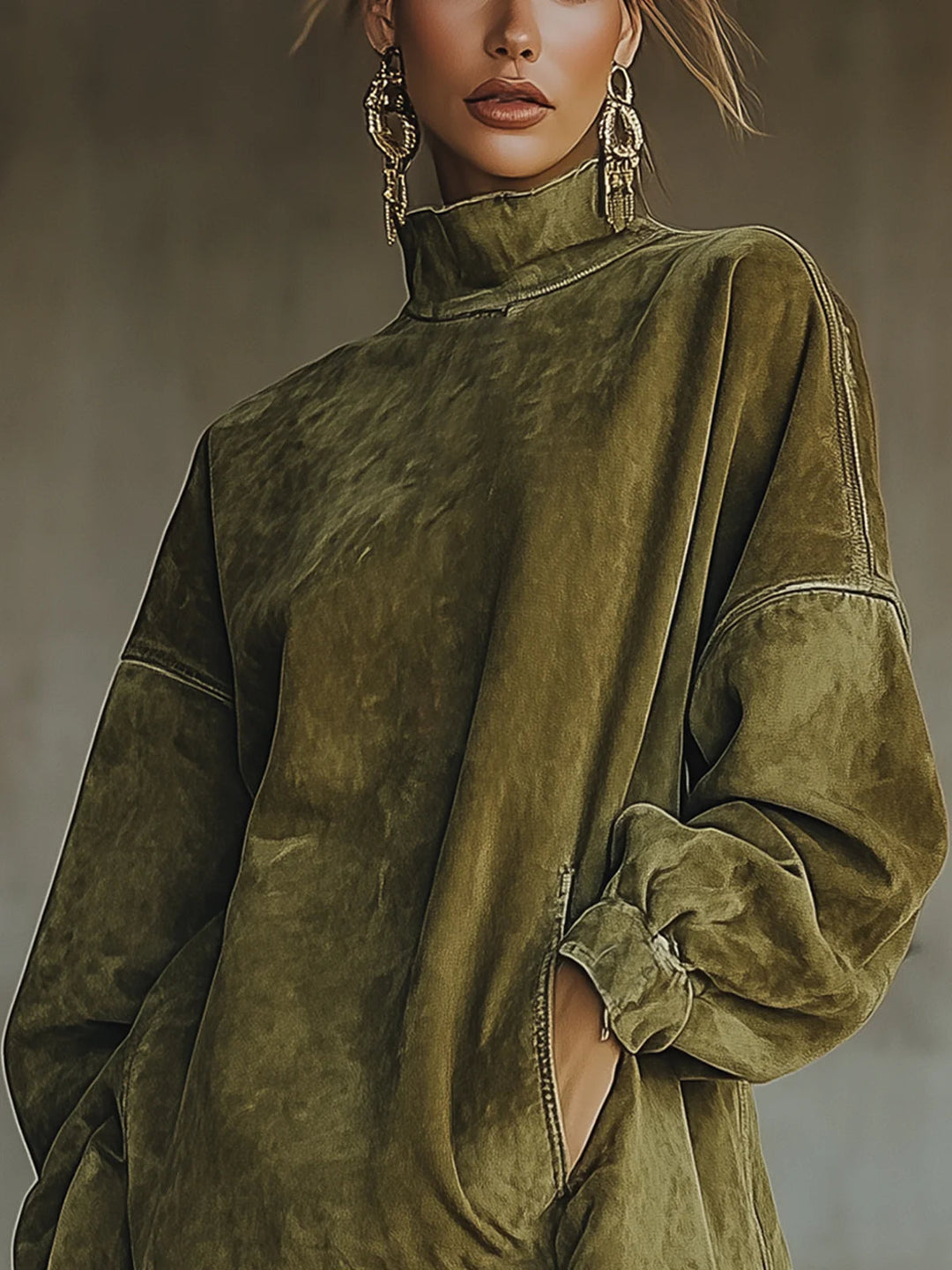 Rosenthea™ Elegant Synthetic Suede Dress with High Collar and Fringes