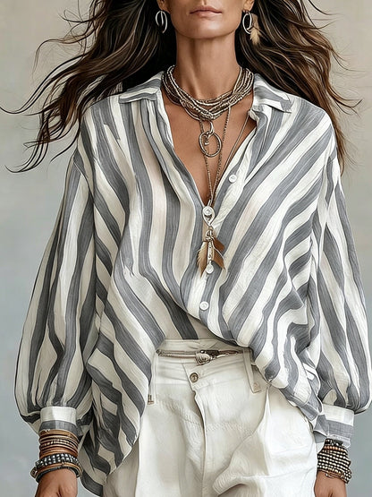 Rosetta | Women's Retro Striped Long Sleeve Shirt, Loose Vacation Style, Casual Beach Top