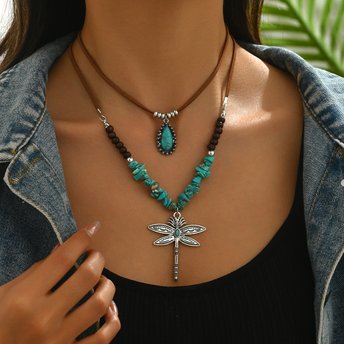 Ottiliea | Set of 2 Necklaces with Dragonfly, Irregular Stones and Bohemian Style Beads