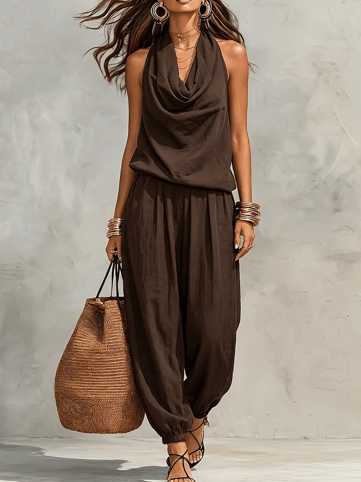 Allegra | Halter Neck Top and Wide Leg Pant Set with Linen Texture