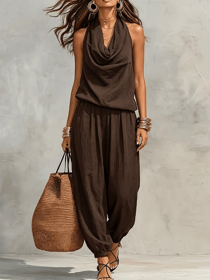 Allegra | Halter Neck Top and Wide Leg Pant Set with Linen Texture