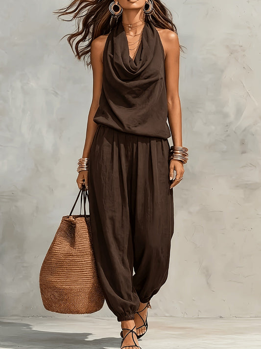 Allegra | Halter Neck Top and Wide Leg Pant Set with Linen Texture