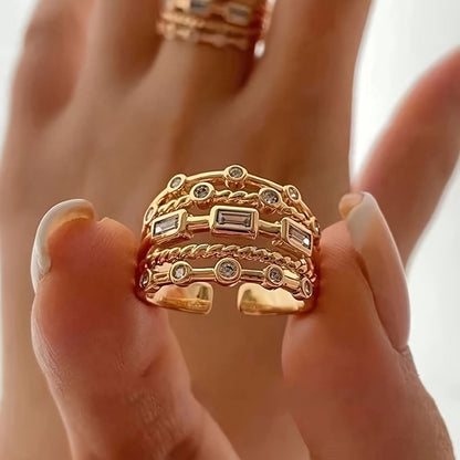 Camellia | Multilayer Geometric Ring with Braided Design and Bohemian Style