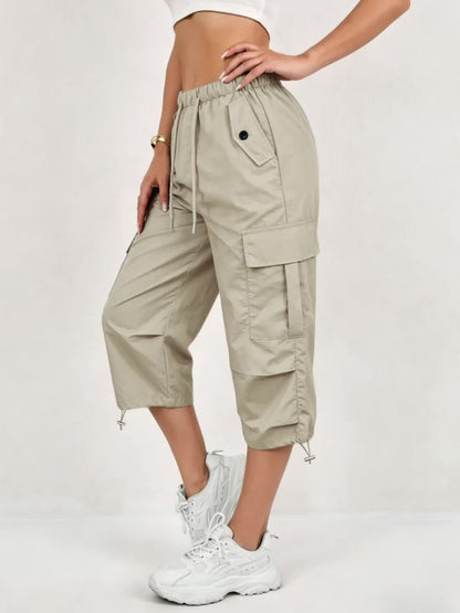 Mireille | Women's Quick-Dry Cargo Capri Pants with Elastic Waist and Drawstring - Lightweight and Stretchy, Suitable for - Outdoor Pants, Multi-Pants, Machine Washable, Loose Fit Mid-Length for, Travel, Casual Wear