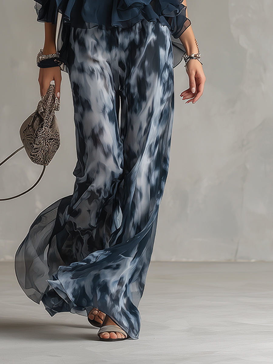 Isolde™ elegant chiffon set with high-neck top and printed wide-leg pants