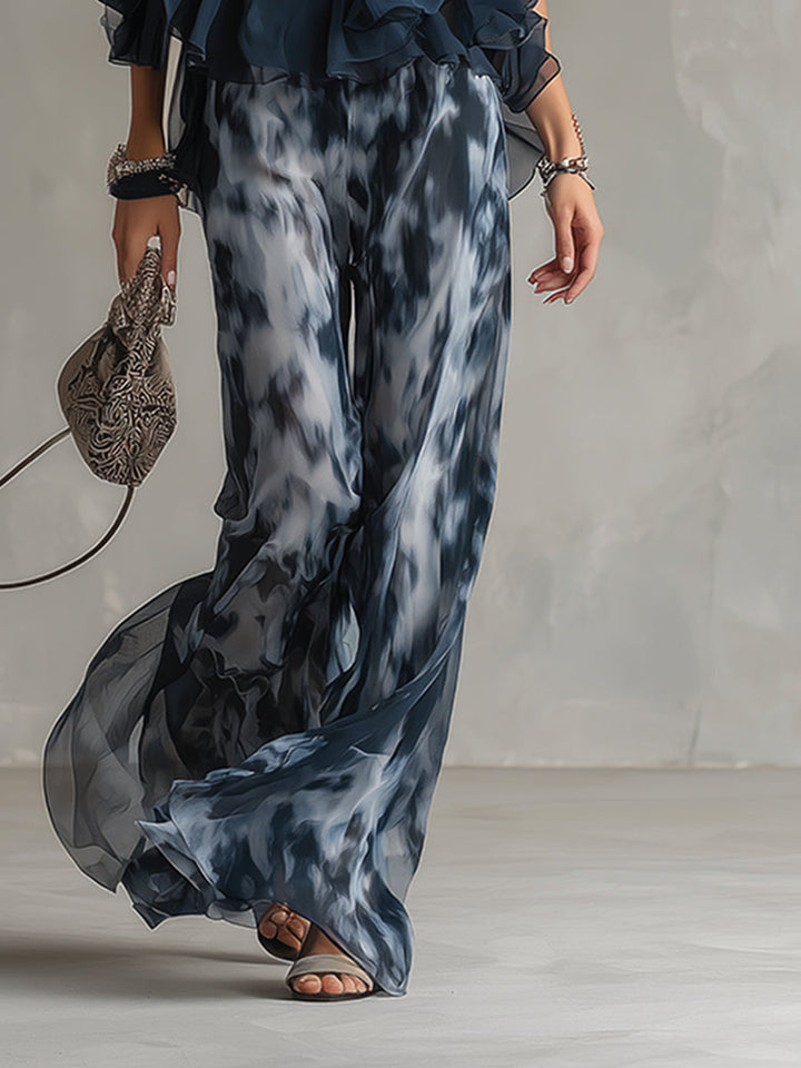 Isolde™ elegant chiffon set with high-neck top and printed wide-leg pants