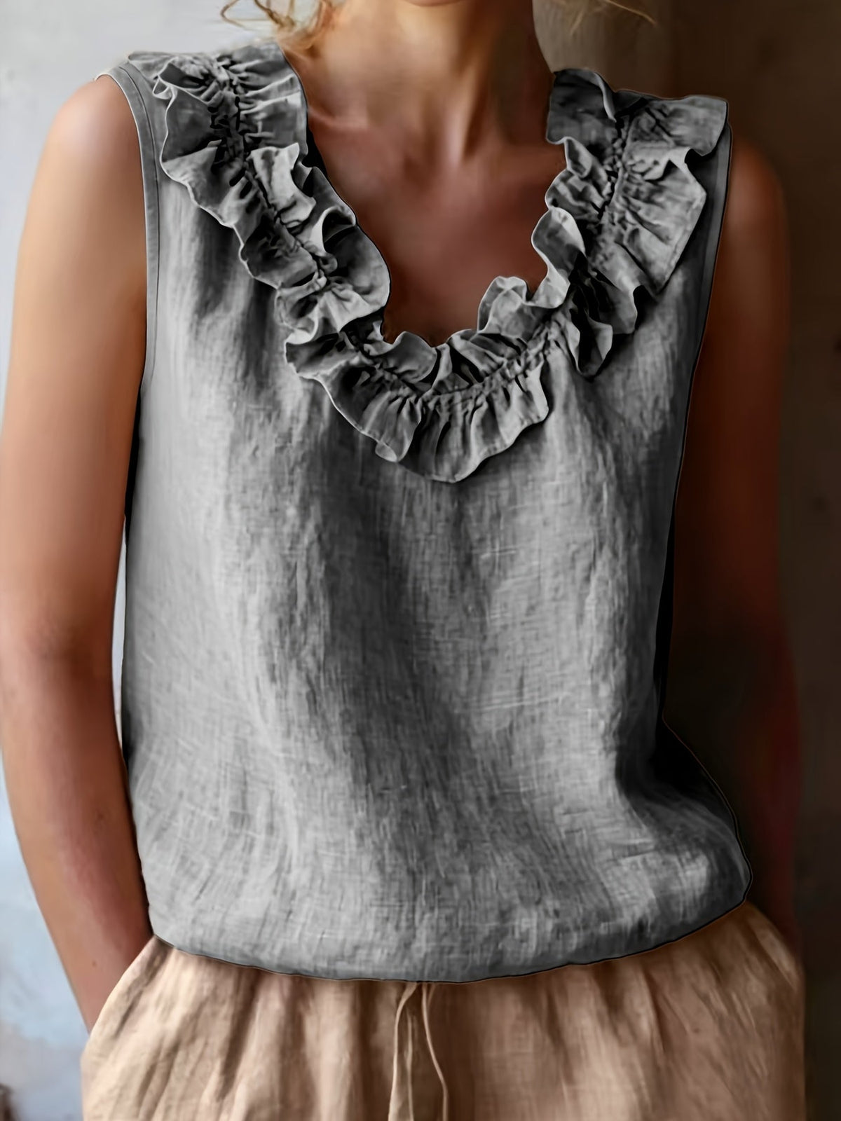 Katherine | Sleeveless Ruffled Loose Cut Blouse for Spring/Summer
