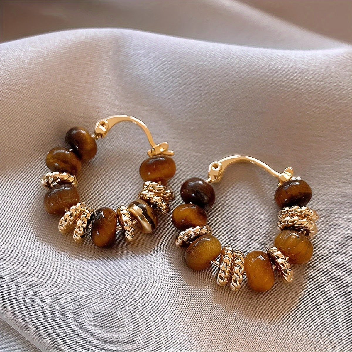 Piper | Hoop Earrings with Tiger Eye Beads and Vintage Style