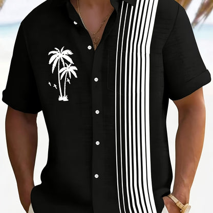 Javroni™ Men's Tropical Shirt with Palm and Stripe Print