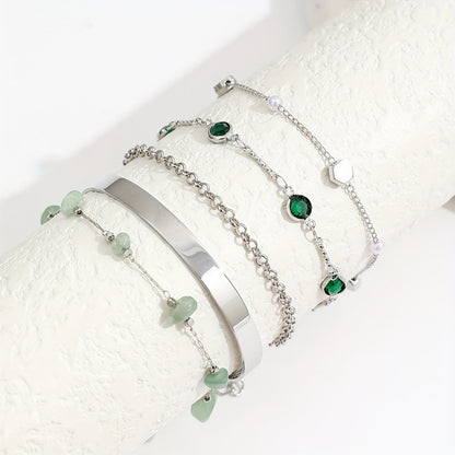 Aethique | Set of 5 Bohemian Bracelets with Green Stones and Vintage Details