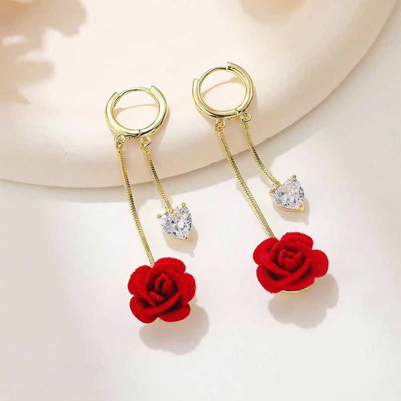 Jennifer | Red Rose Earrings with Sparkling Hearts