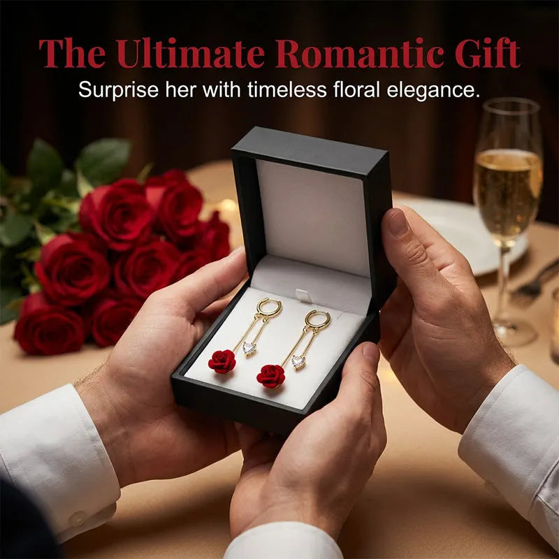 Jennifer | Red Rose Earrings with Sparkling Hearts