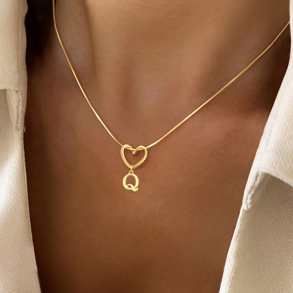 Clara | Initial and Cut-Out Heart Necklace on an Elegant Wheat Chain