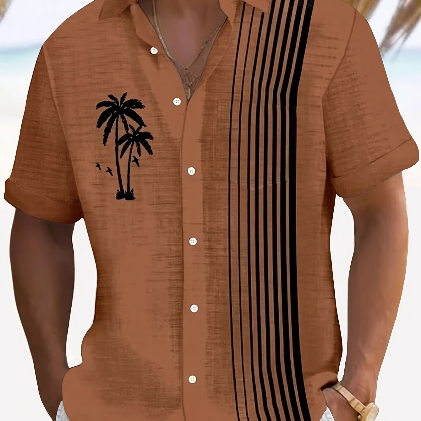 Javroni™ Men's Tropical Shirt with Palm and Stripe Print