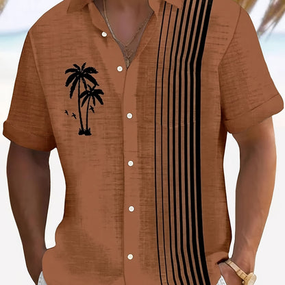 Javroni™ Men's Tropical Shirt with Palm and Stripe Print