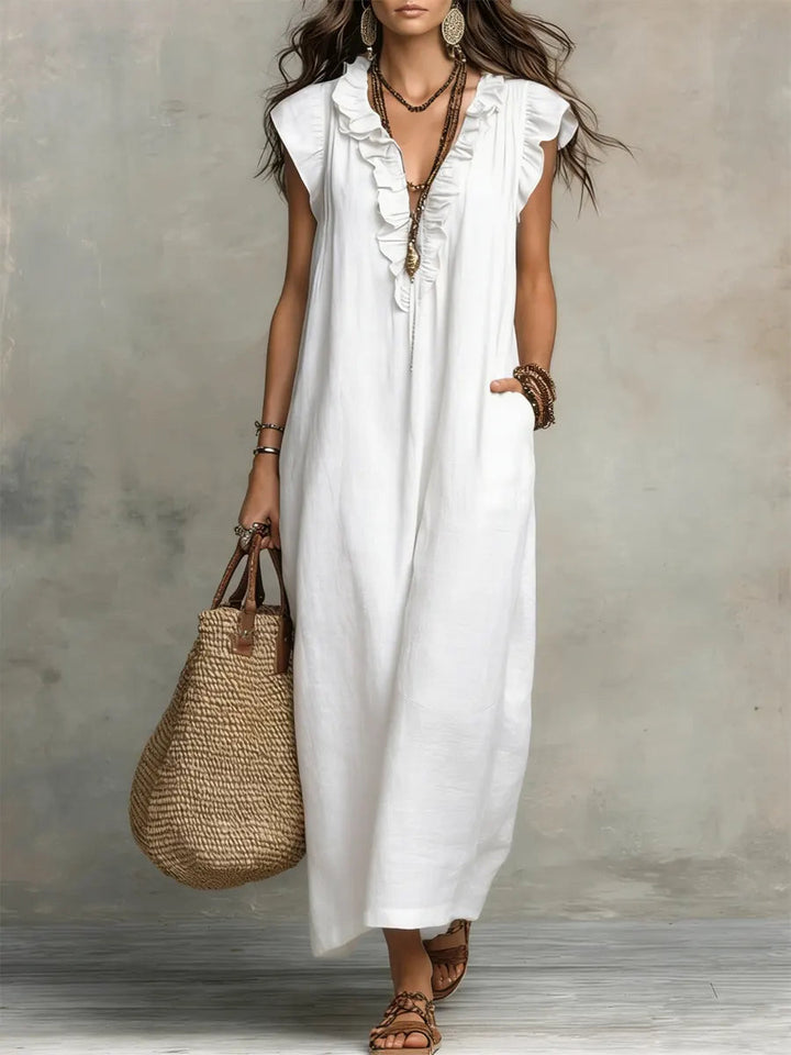 Hadira™ Casual Cotton and Linen Dress with Ruffles and Artistic Style