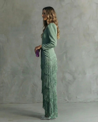 Sienna™ Elegant Dress with Fringe Sleeves