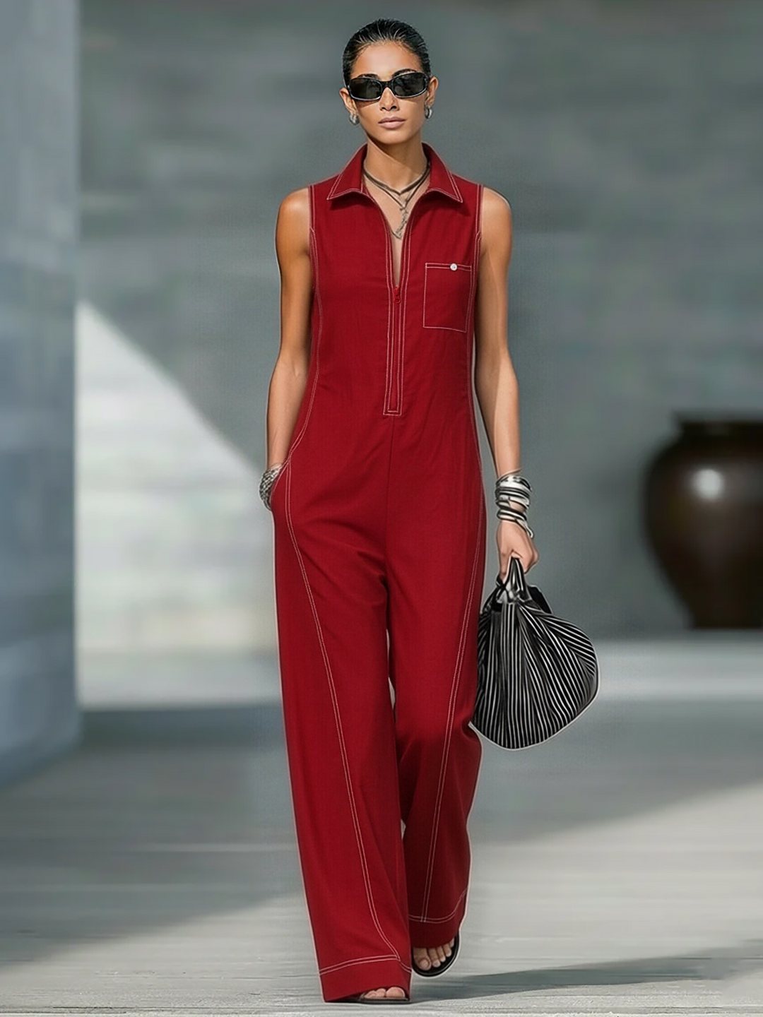 Ainsira™ Mono Minimalist Sleeveless Jumpsuit with White Details