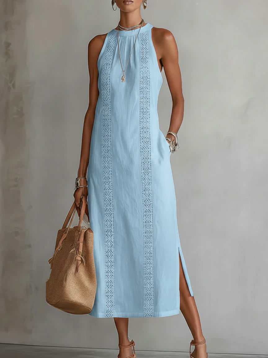 Sovelle | Linen Midi Dress with Mao Collar and Natural Style