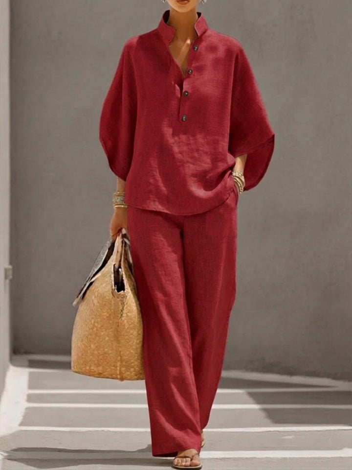 Kinsley™ Cotton and Linen Set with Batwing Sleeves and Wide Pants